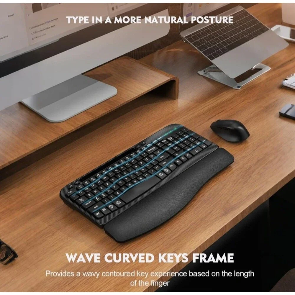 Wireless Keyboard and Mouse Combo,2.4G Full Size Wave Keys Ergonomic Keyboard